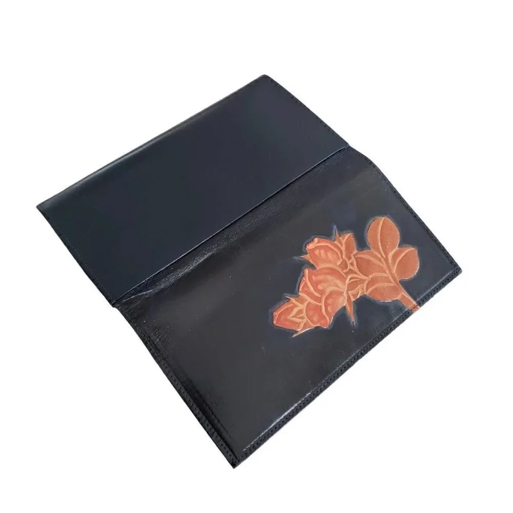 Handmade Japanese carved leather wallet navy blue with brown flowers - Picture 4 of 13